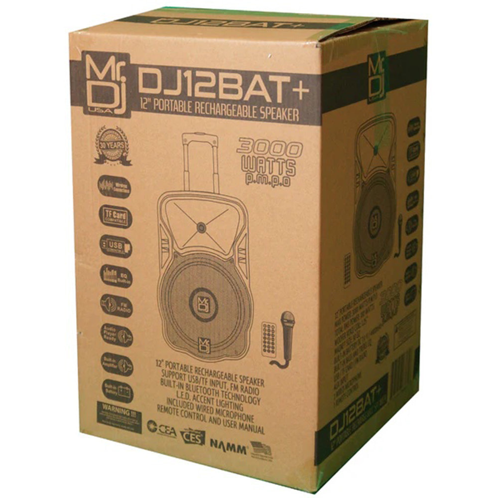 MR DJ DJ12BAT+ 12 Inch Active Speaker With Bluetooth & Fm Radio & Mp3 Player, Eq, With Built In 2-4 Hours Battery