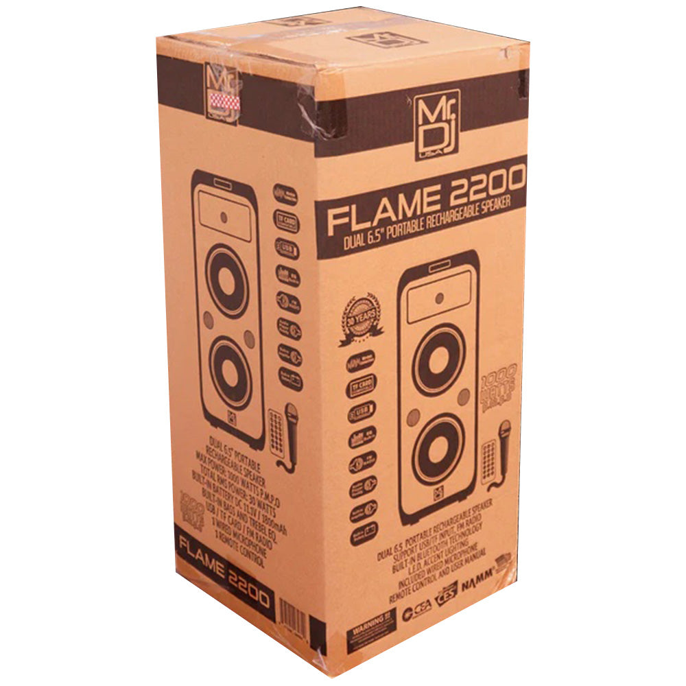 MR DJ FLAME2200 2 X 6.5 Inch Active Speaker With Bluetooth & Fm Radio & Mp3 Player, Eq, With Built-In 2-4 Hours Rechargeable Battery And One Wire Mic,