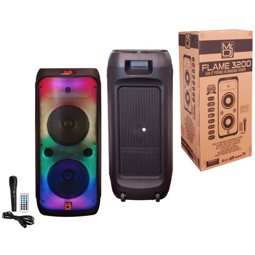 MR DJ FLAME3200 2X8 Inch Active Speaker With Bluetooth & Fm Radio & Mp3 Player, Eq, With Built-In 2-4 Hours Rechargeable Battery And One Wire Mic
