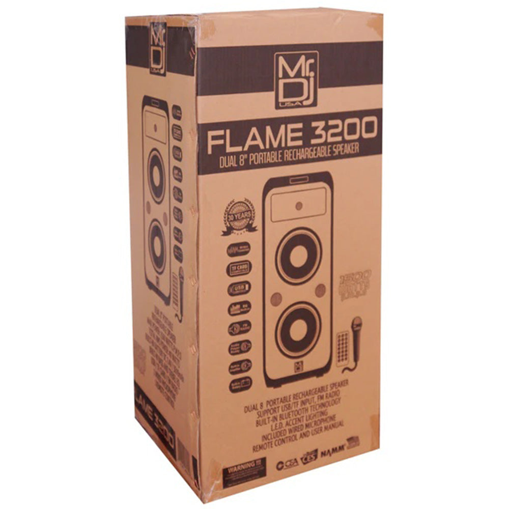 MR DJ FLAME3200 2X8 Inch Active Speaker With Bluetooth & Fm Radio & Mp3 Player, Eq, With Built-In 2-4 Hours Rechargeable Battery And One Wire Mic