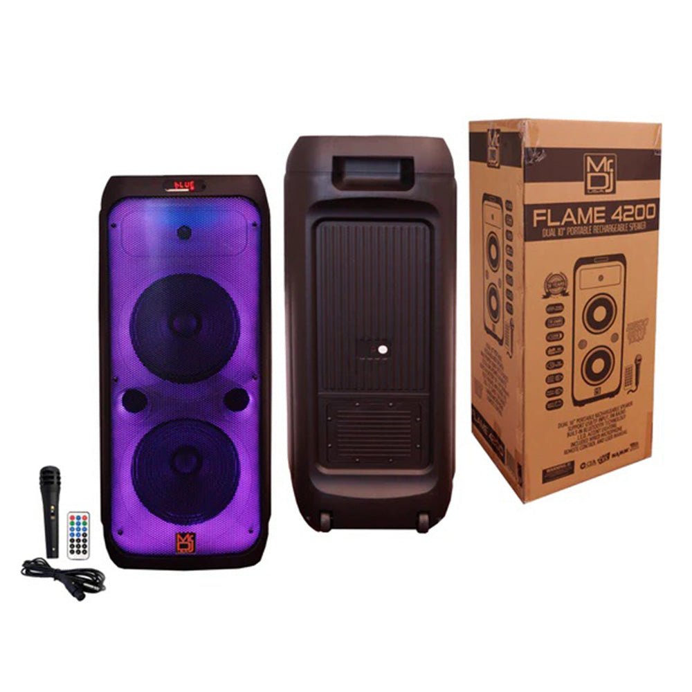 MR DJ FLAME4200 2X10 Inch Active Speaker  With Bluetooth & Fm Radio &  Mp3 Player, Eq, With Built In 2- 4 Hours Rechargeable Battery  And One Wire Mic