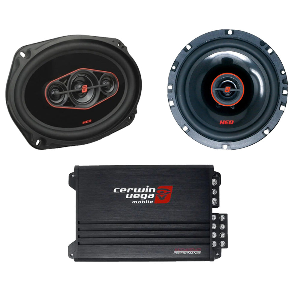 Cerwin Vega H7652 (HED Series 6.5" 2-Way Coaxial Speakers) + H7694 (HED Series 6"x9" 4-Way Coaxial Speakers) + XED4004D (XED Series 4-Channel Full Range Class-D Amplifier)
