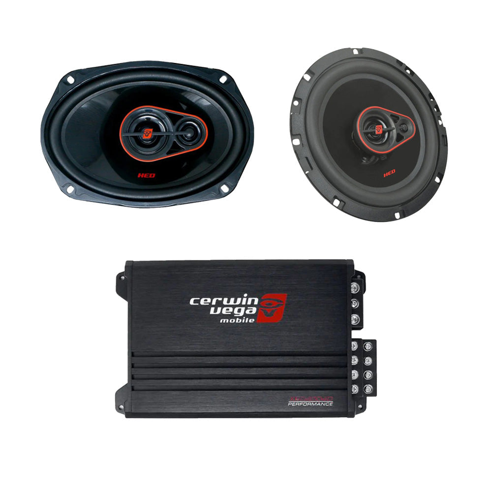 Cerwin Vega H7653 (HED Series 6.5" 3-Way Coaxial Speakers) + H7693 (HED Series 6"x9" 3-Way Coaxial Speakers) + XED4004D (XED Series 4-Channel Full Range Class-D Amplifier)