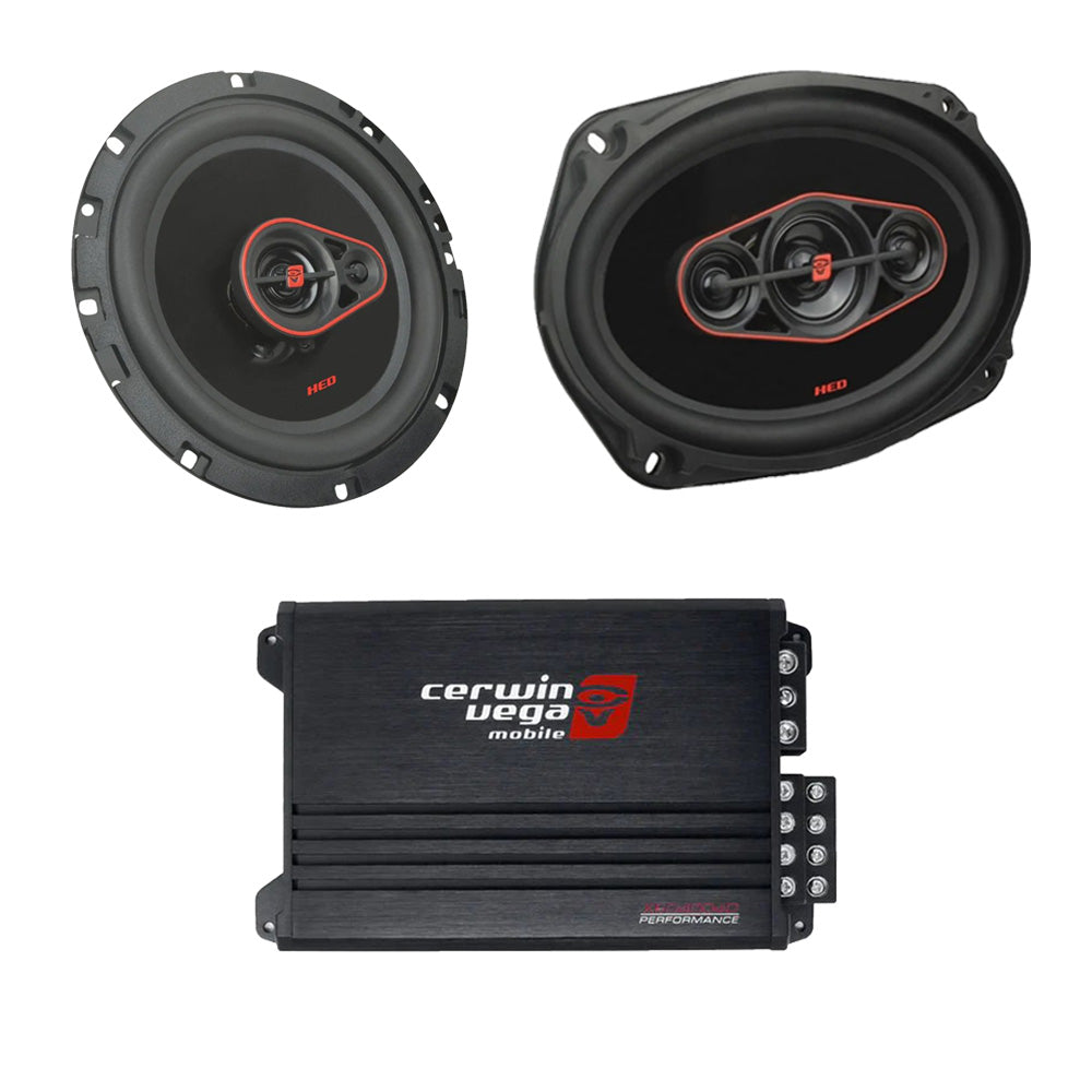 Cerwin Vega H7653 (HED Series 6.5" 3-Way Coaxial Speakers) + H7694 (HED Series 6"x9" 4-Way Coaxial Speakers) + XED4004D (XED Series 4-Channel Full Range Class-D Amplifier)
