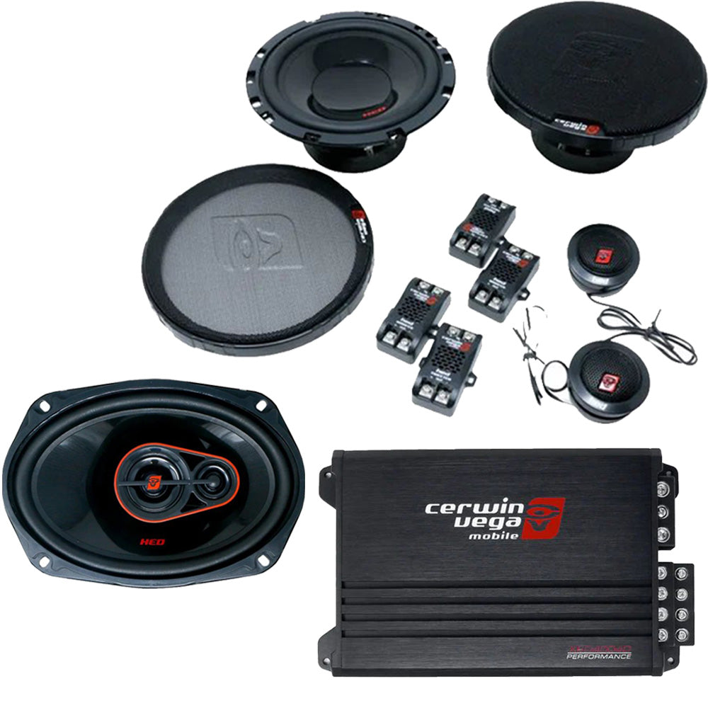 Cerwin Vega H765C (HED Series 6.5" 2-Way Component Speaker System) + H7693 (HED Series 6"x9" 3-Way Coaxial Speakers) + XED4004D (XED Series 4-Channel Full Range Class-D Amplifier)