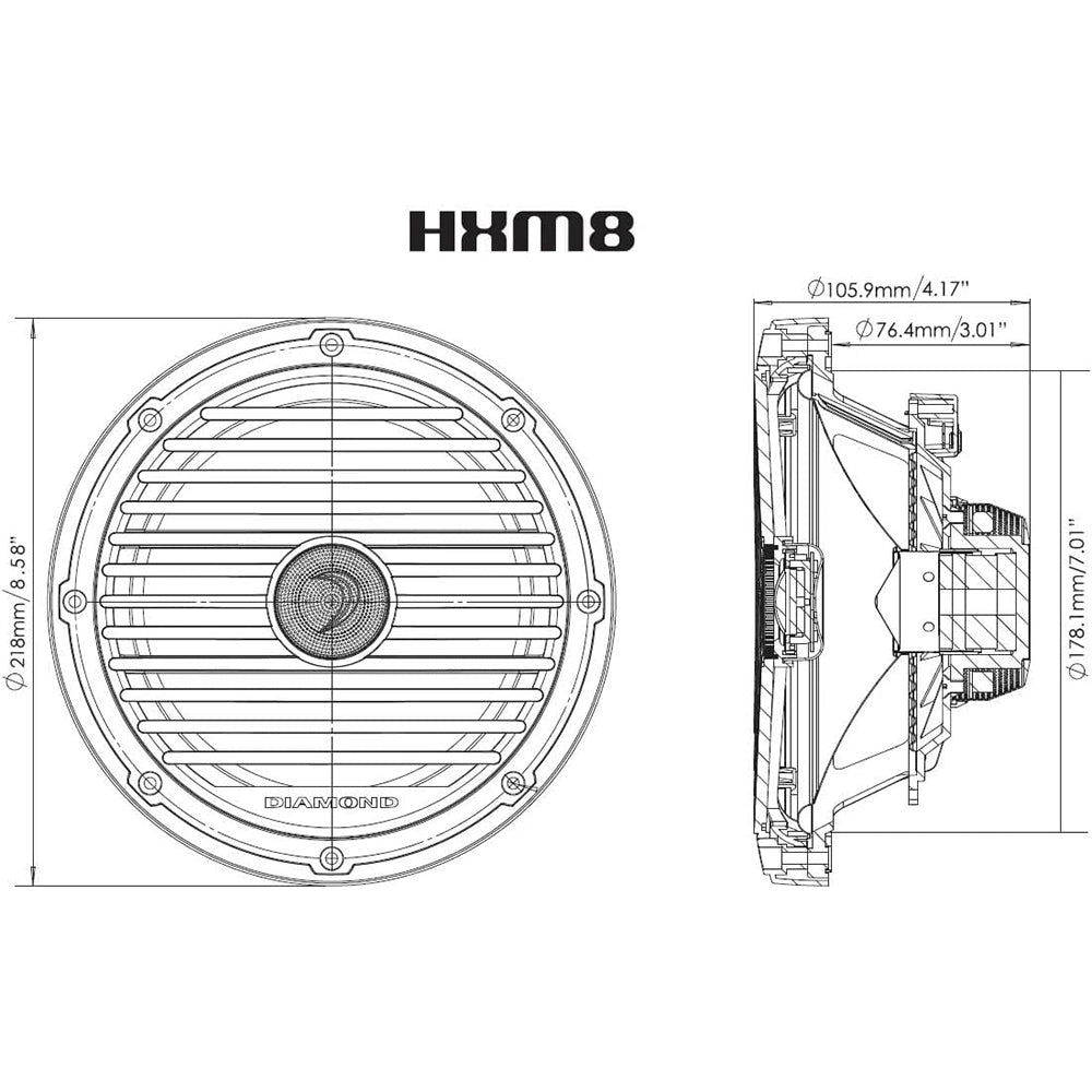 Diamond Audio HXM8 120W RMS Motorsport Series 8 Inch Marine 2-Way Coaxial Speaker