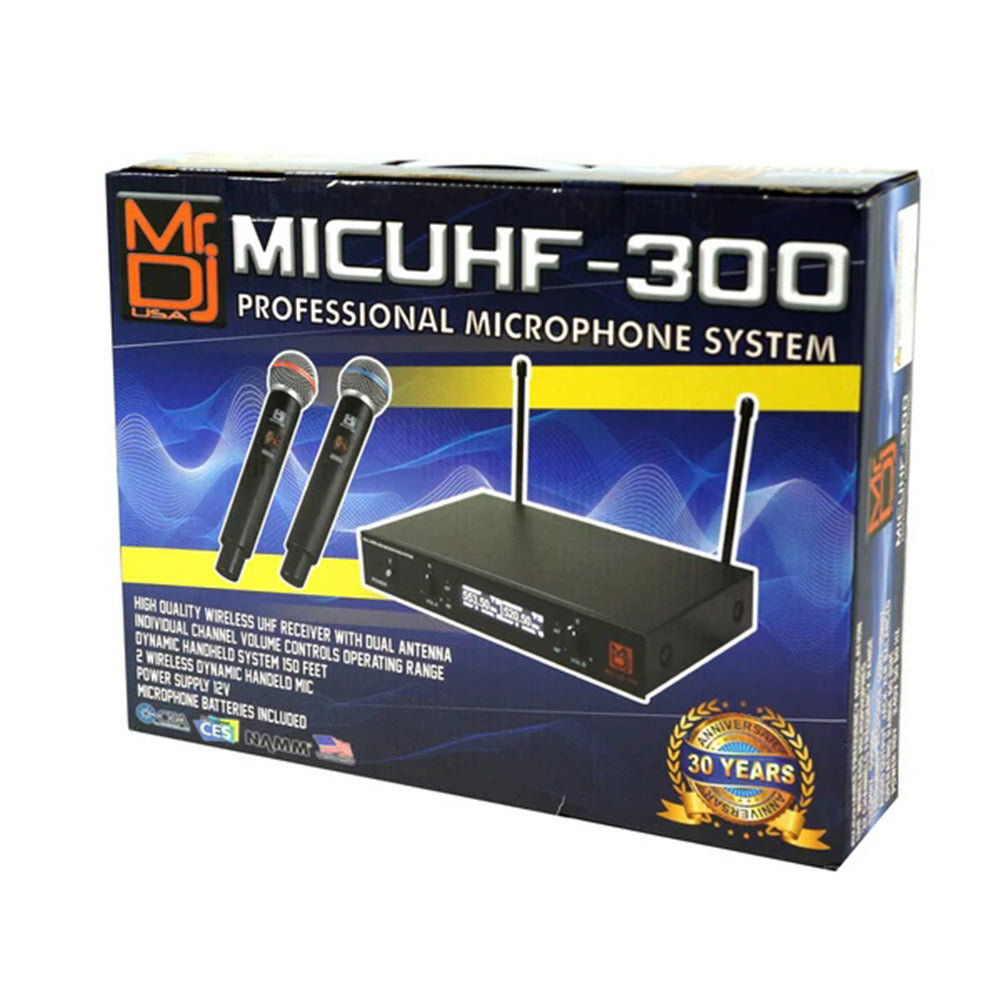 MR DJ MICUHF300 Dual UHF Wireless Microphone System Kit with 2 Handheld & LED display