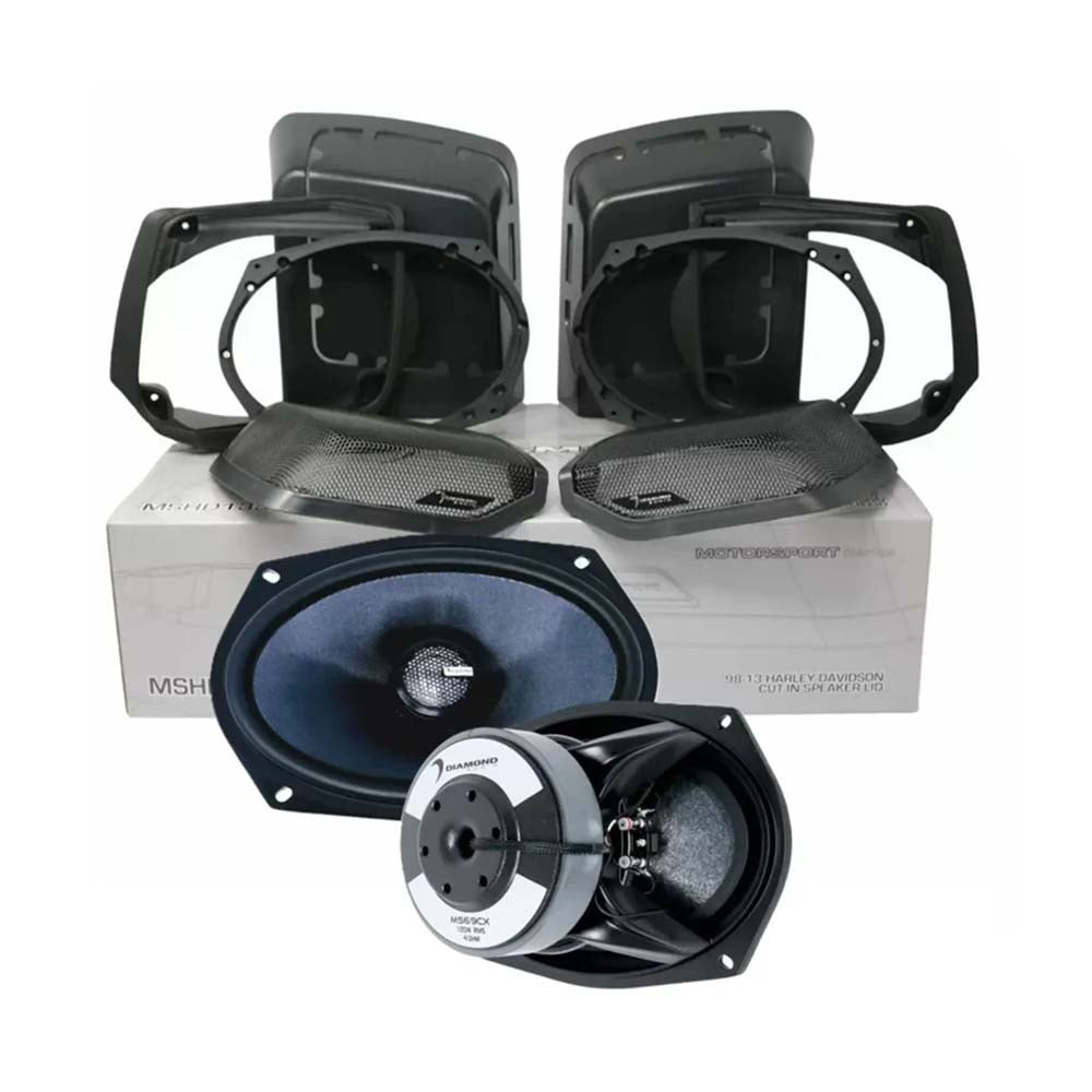 Diamond Audio MS694CX2LK13 (1998-2013 Harley Davidson® Cut In Lid Kit with MS69CX Speaker (4Ω)) + MICRO2V2 (MICROV2 Series 2-Channel Full Range Class D Amplifier)