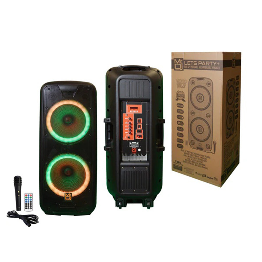 MR DJ LETS PARTY+ Dual 12" 4000W Battery Powered Bluetooth Speaker Microphone Party Speaker