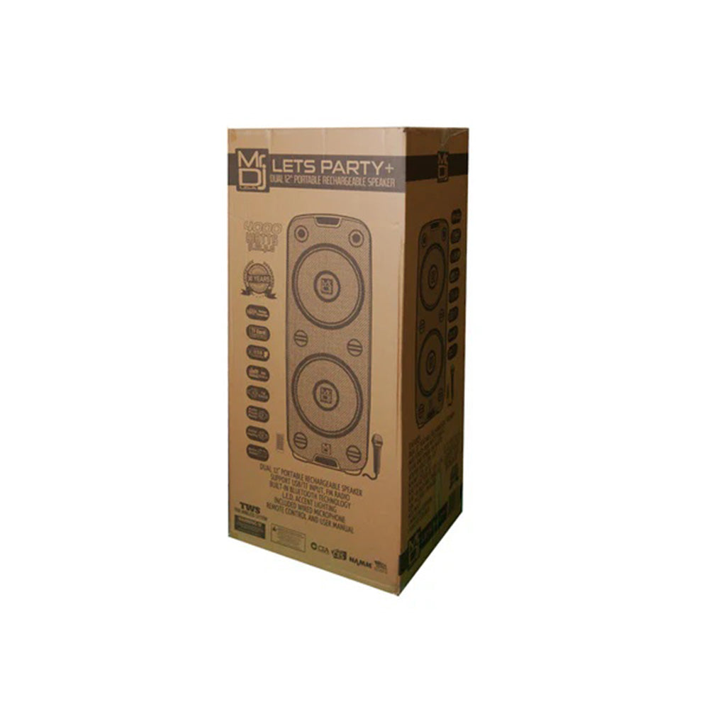 MR DJ LETS PARTY+ Dual 12" 4000W Battery Powered Bluetooth Speaker Microphone Party Speaker