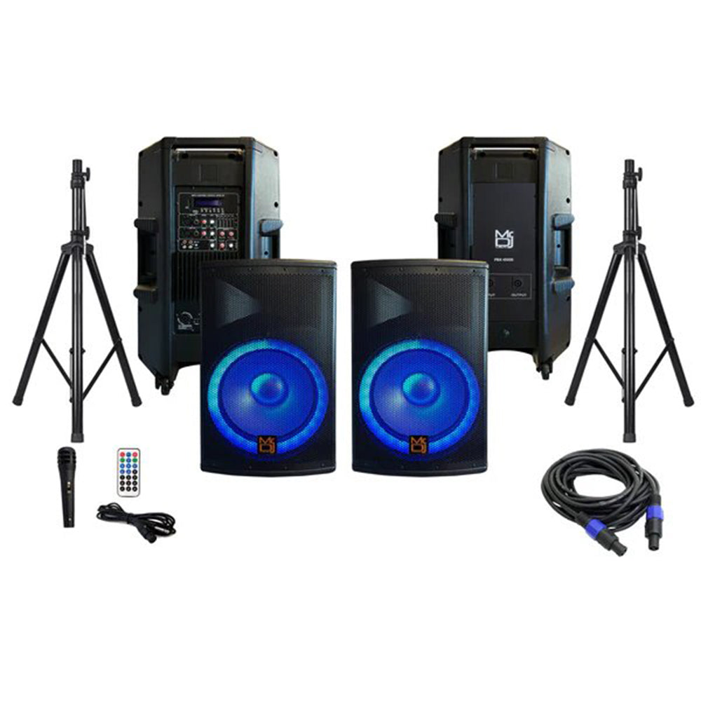 MR DJ PBX4500PKG 15" 2-Way Pa Dj 4500W Active Powered Bluetooth Karaoke Speaker Led Lighting & Passive Speaker + Speaker Stands & Cable