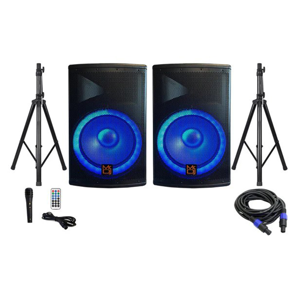 MR DJ PBX4500PKG 15" 2-Way Pa Dj 4500W Active Powered Bluetooth Karaoke Speaker Led Lighting & Passive Speaker + Speaker Stands & Cable