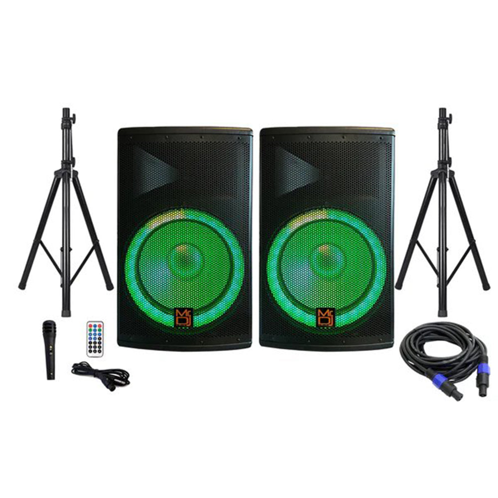 MR DJ PBX4500PKG 15" 2-Way Pa Dj 4500W Active Powered Bluetooth Karaoke Speaker Led Lighting & Passive Speaker + Speaker Stands & Cable