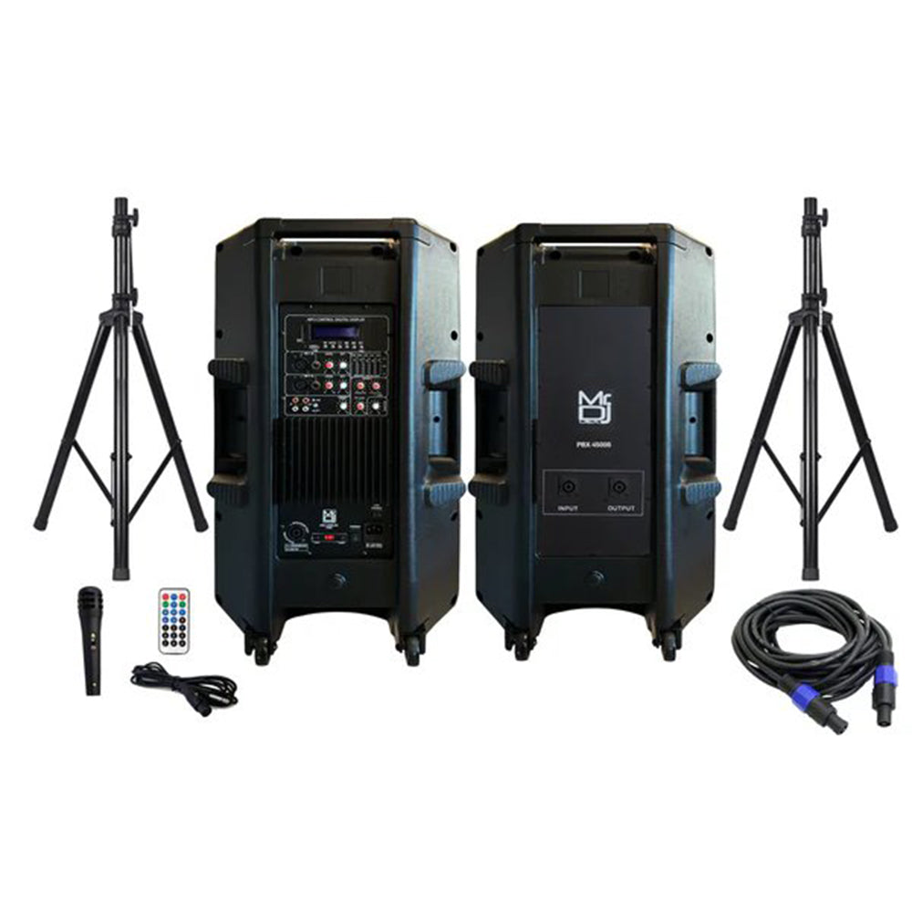 MR DJ PBX4500PKG 15" 2-Way Pa Dj 4500W Active Powered Bluetooth Karaoke Speaker Led Lighting & Passive Speaker + Speaker Stands & Cable