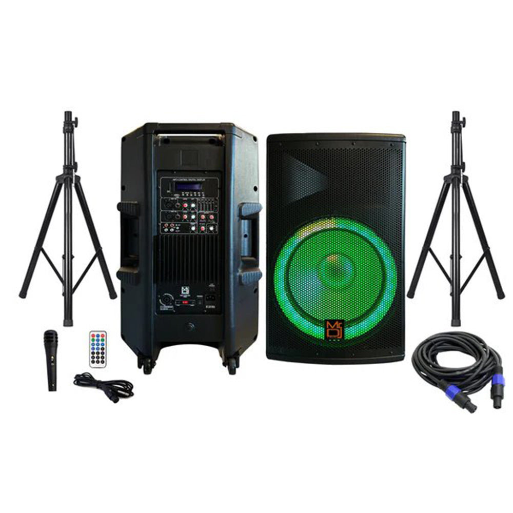 MR DJ PBX4500PKG 15" 2-Way Pa Dj 4500W Active Powered Bluetooth Karaoke Speaker Led Lighting & Passive Speaker + Speaker Stands & Cable