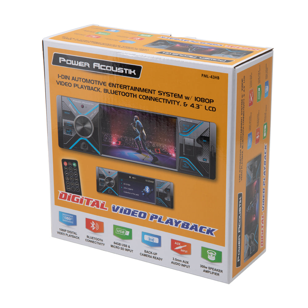 Power Acoustik PML-43HB 4.3 Inch 1-DIN Shallow Mechless Source Unit with USB, SD, BT